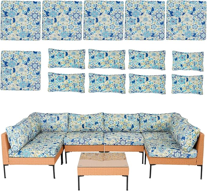 14 Piece Outdoor Patio Cushion Covers Replacement Waterproof with Zipper for 6-Seater Sectional Couch Chair Patio Furniture Conversation Sofa Seat Cushions Slipcovers Set, Only Cover