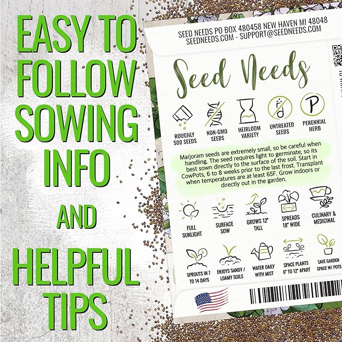 Seed Needs Sweet Marjoram & Thyme Seeds for Planting Fresh Kitchen Herbs - Non-GMO Heirloom & Untreated Perennial Herb Seed to Plant a Culinary Garden Indoors or Outdoors (2 Pack Duo)