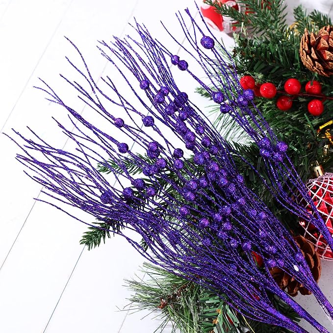 36 Pcs 17'' 15'' Christmas Artificial Glitter Berry Stems 4 Styles Xmas Decorative Tree Picks Branches Large Glittery Twigs for Christmas Tree Xmas Wreath Vase Filler(Purple)