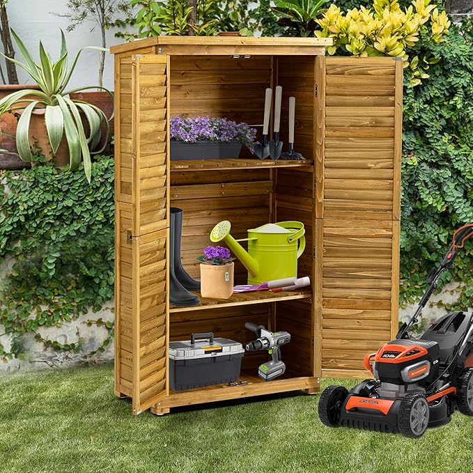 YOPTO Outdoor Wood Storage Cabinet,Garden Shed Tool with Lockable Door and Waterproof Roof,Backyard Building w/ 2 Removable Shelves & Adjustable Feet,for Lawn Patio,34.25" L x 18.5" W x 63" H,Natural