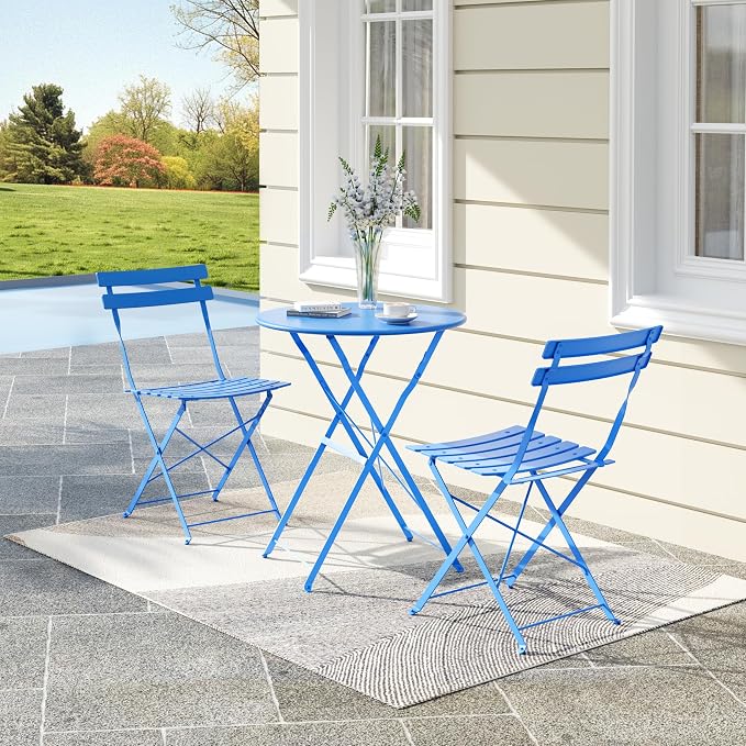 3-Piece Folding Bistro Set, Outdoor Patio Furniture Set with 2 Chairs & 1 Table, Space-Saving Foldable Balcony Garden Set with Heavy-Duty Powder-Coated Steel Frame, No Assembly Required, Blue
