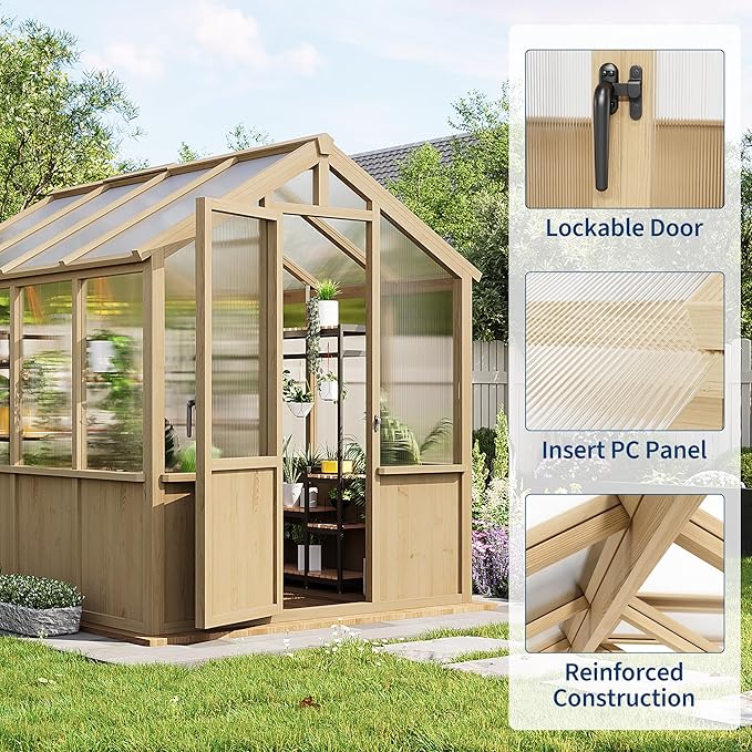 6x8 FT Greenhouse - Large Wooden Greenhouses for Outdoors, Heavy Duty Spruce Frame Greenhouse with PC Panels, Adjustable Roof Vents & Lockable Door, Walk-in Green Houses for Garden, Backyard, Patio