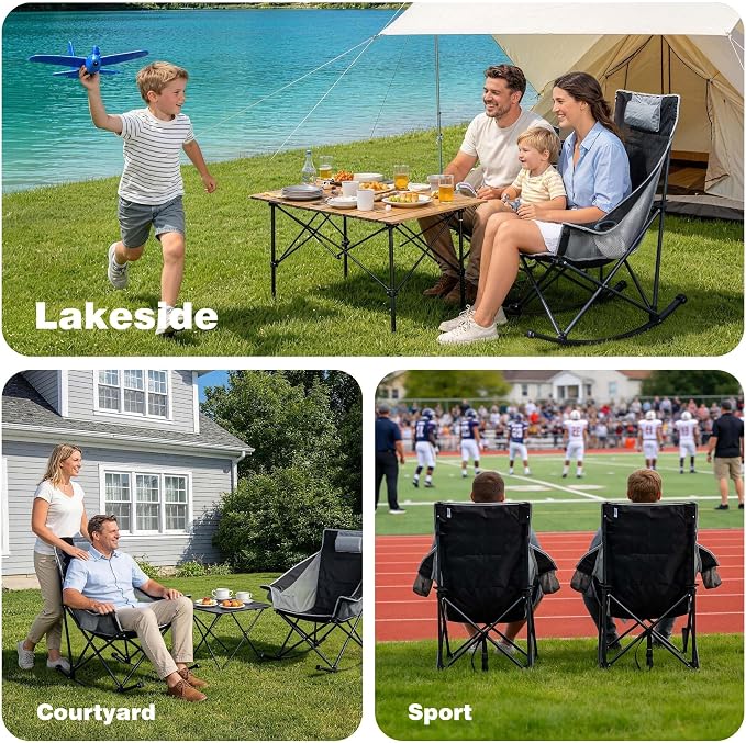 SUNNYFEEL Oversized Rocking Camping Chair, Fully Padded Patio Chair with Side Pocket, High Back Portable Lawn Recliner with Headrest, Outdoor Camp Rocker Chairs for Adults Heavy Duty 500 LBS Carry Bag