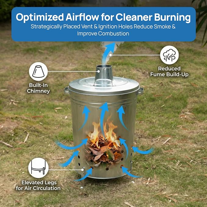 Gardenised Silver Galvanized Steel Outdoor Incinerator Can Large Garden Waste Burner Bin with Lid Ventilation Holes & Raised Legs for Yard Patio Backyard Leaves Paper and Household Debris