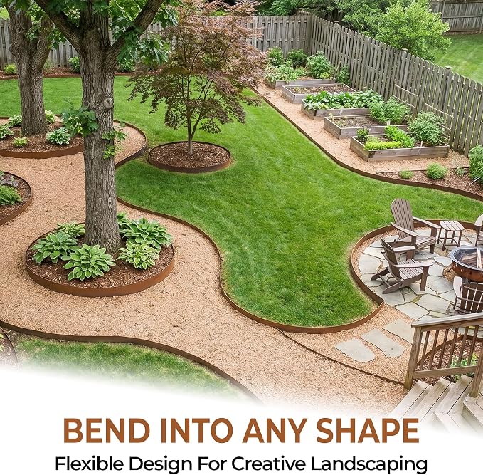 Worth Garden 6 Pack Cor-Ten Steel Landscape Edging w/Rust Patina Finish - 40" L x 8" H Strips - Hammer-in 14-Gauge Metal Corten Edging Border w/ 7 Clips & Gloves - Edge for Lawn Yard (20Ft Total)