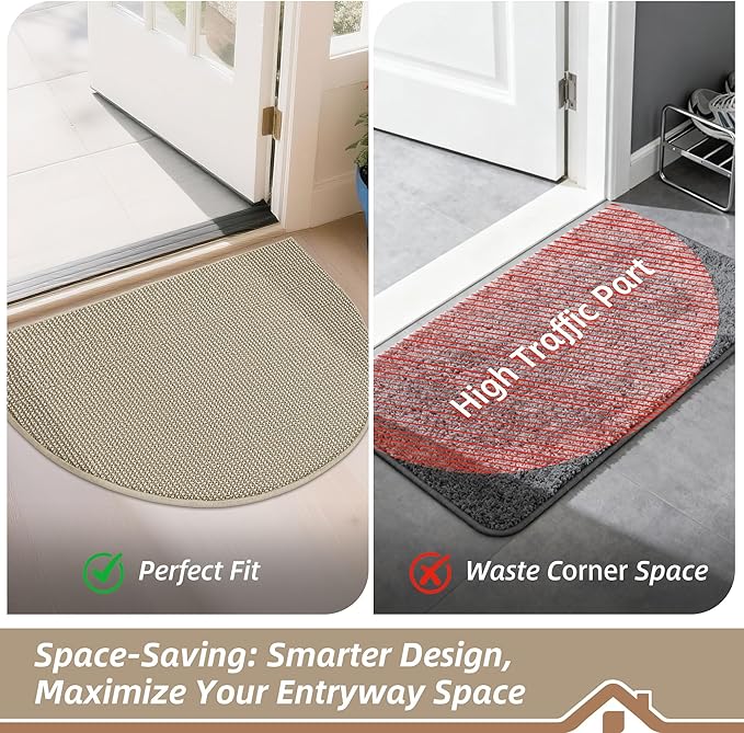 BEQHAUSE Dirt Trapper Door Mat 26" x 40" Half Circle Non-Slip Washable Doormats Entrance Rugs Absorbent Welcome Low Profile Floor Mats for Front Back Door and Entryway, Light Beige
