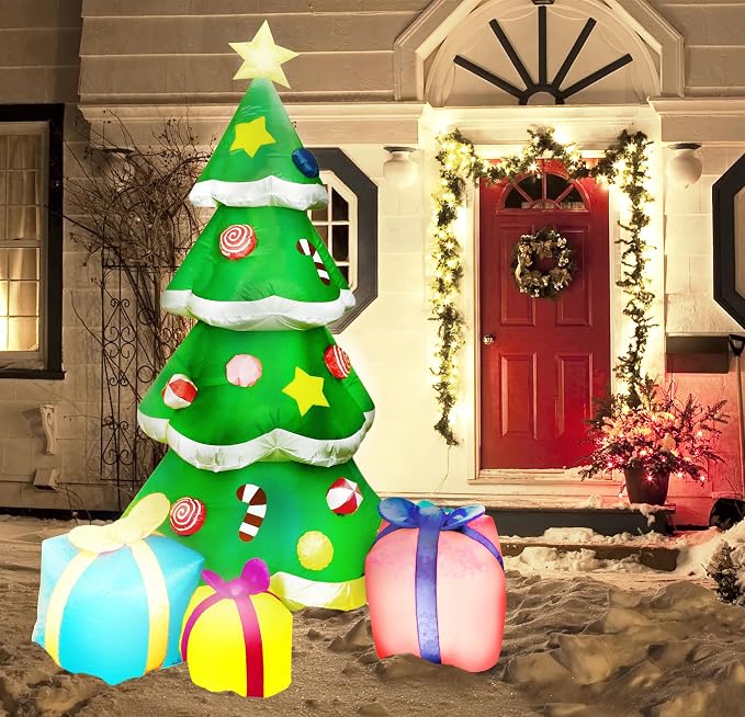 Joiedomi 7FT Tall Christmas Inflatables Tree Outdoor Decoration, Giant Christmas Inflatable Tree with 3 Gift Boxes with Build-in LEDs for Blow Up Xmas Decoration, Indoor Outdoor Yard Garden Lawn Décor