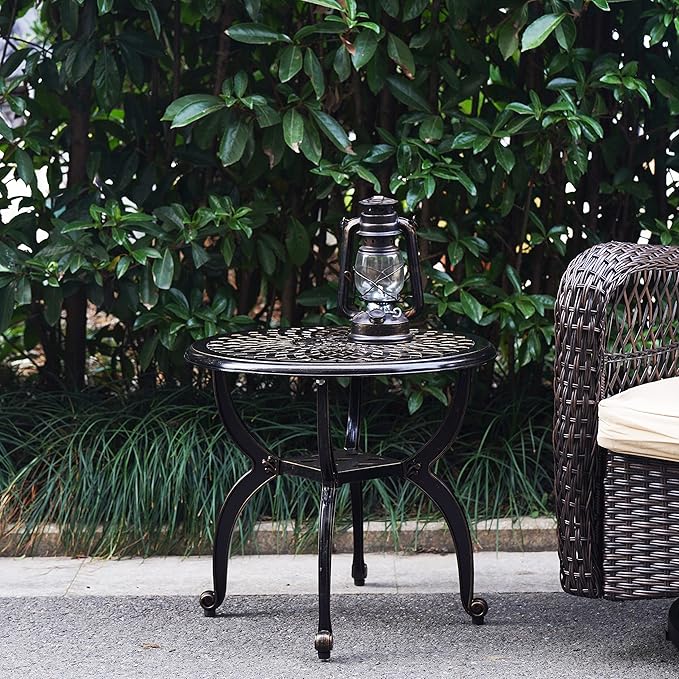 Mandolin Outdoor Patio,Rust -Resistant Cast Aluminum Side Table,Weather Resistant End Table，Coffee Table， Perfect for Patio, Backyard Or Garden. (Aluminum Round, Copper)
