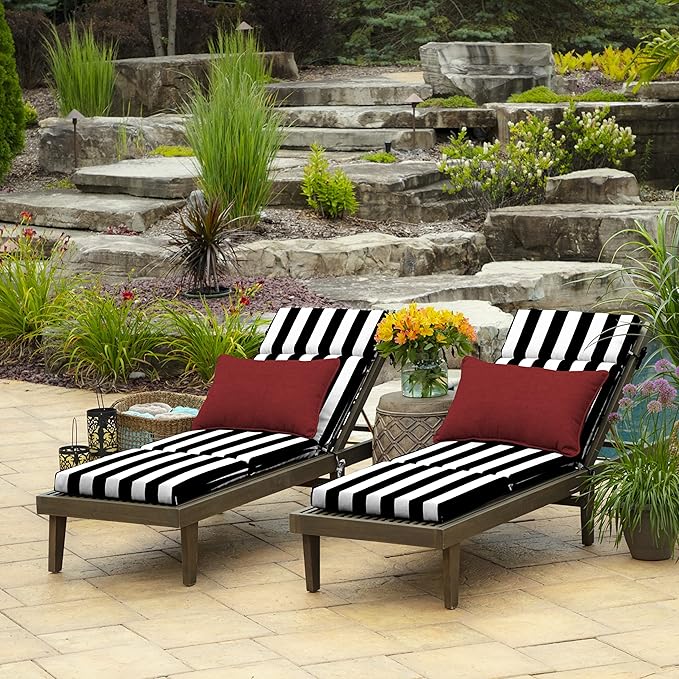 Arden Outdoor Chaise Cushion, 21 in x 72 in, Weather-Proof, Rain-Proof, Fade Resistant Patio Cushion for Chaise Lounger Black Cabana Stripe