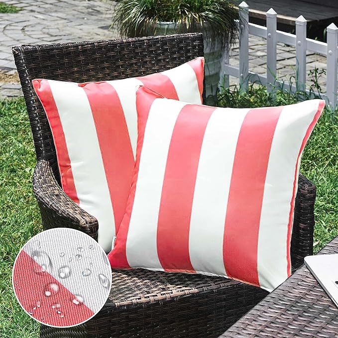 Western Home Pack of 2 Decorative Outdoor Solid Waterproof Striped Throw Pillow Covers Polyester Linen Garden Farmhouse Cushion Cases for Patio Tent Balcony Couch Sofa 20x20 inch Pink