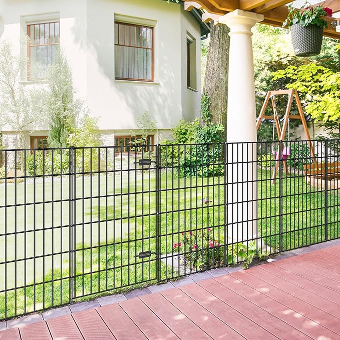 FOREHOGAR Metal Garden Fence with Gate 40in (H) x 23.3ft (L), 1 Gate + 9 Panels Dog Fence Border Fence Animal Barrier, No Dig Garden Fencing for Yard Flower Bed Lawn Patio Outdoor, PIN402810G Black