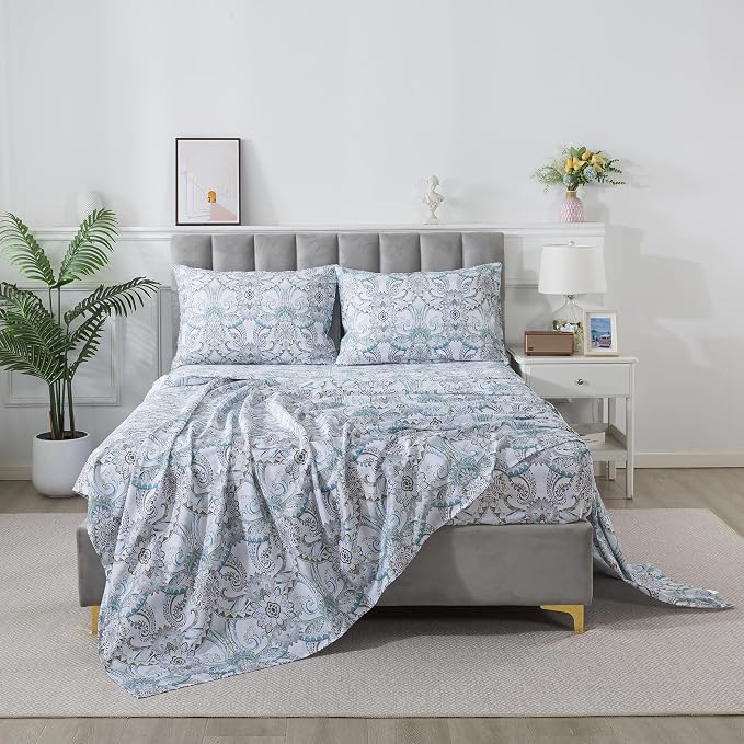 FADFAY Blue Paisley Sheets Set Full Classic Boho Paisley Bedding Luxurious Bohemian Damask Paisley Bed Sheet Breathable 100% Egyptian Cotton 800 Thread Count Deep Pocket Fitted Sheet 4Pcs, Full Size