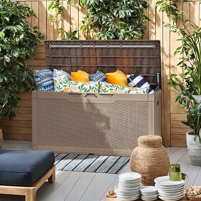 Flamaker Outdoor Storage Box 100 Gallon Waterproof Resin Deck Box Delivery Box with Air Rod Indoor Outdoor Lockable Storage Bench for Patio Cushions, Tools, Pool Accessories (Brown)