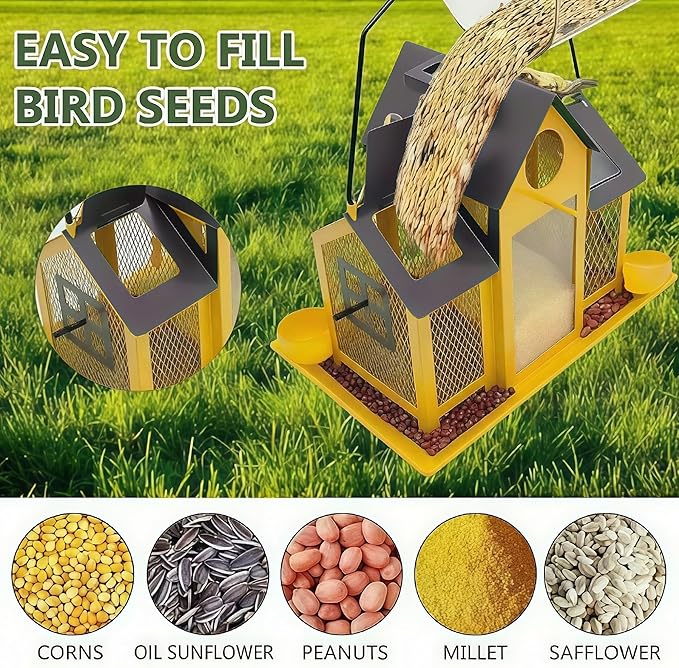 Solar Bird Feeders House for Outside Hanging, Metal Wild Bird Feeder for Outdoors Large Capacity Cardinal Birdfeeder Birdhouses Metal Bird Feeding Station Yellow