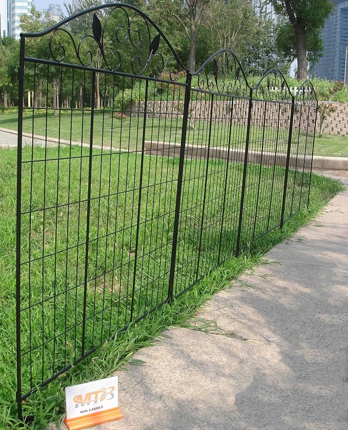 4 Pack 44" H 36" W (Linear Length 12 feet) Black Coated Heavy Duty Steel Decorative Garden Fence Each Panel with 2 Leaves, Heavy Duty Metal Patio Flower Animal Barrier Section Wire Border Fencing