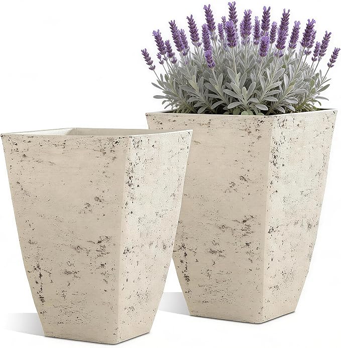 19" H Country White Square Planters for Outdoor Plants, Set of 2 Large Flower Pot with Drainage Hole, Weather-Resistant for Porch,Garden, Patio or Indoor Use