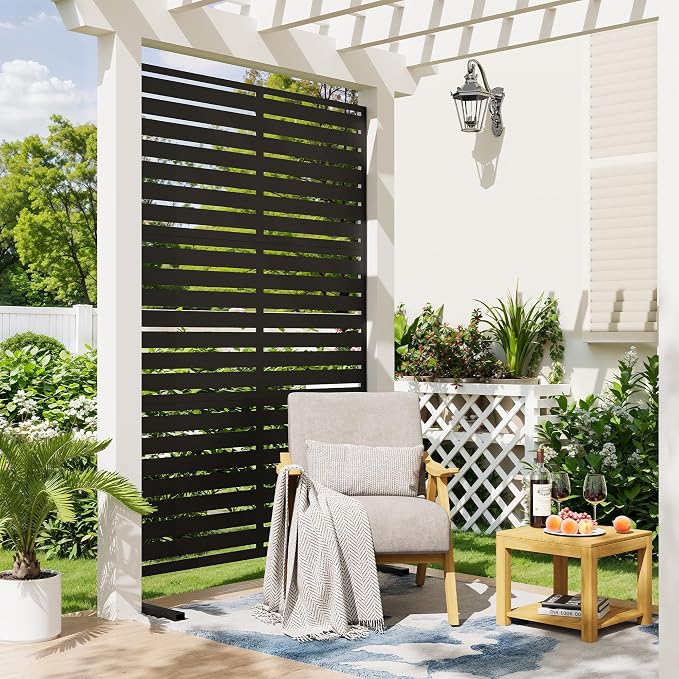 Garvee 72" H x 47" W Outdoor Metal Privacy Screen, 6FT Decorative Privacy Fence Freestanding Panels with Stand, Room Dividers, Patio Metal Screen Panel for Garden Yard Balcony Deck, Black
