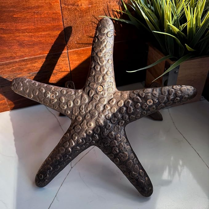 Zeckos 12 Inch Cast Iron Starfish Garden Hose Holder, Bronze Coastal Wall Mounted Hose Hanger with Matching Hardware for Outdoor Yard, Beach House, Garden or Patio Decor