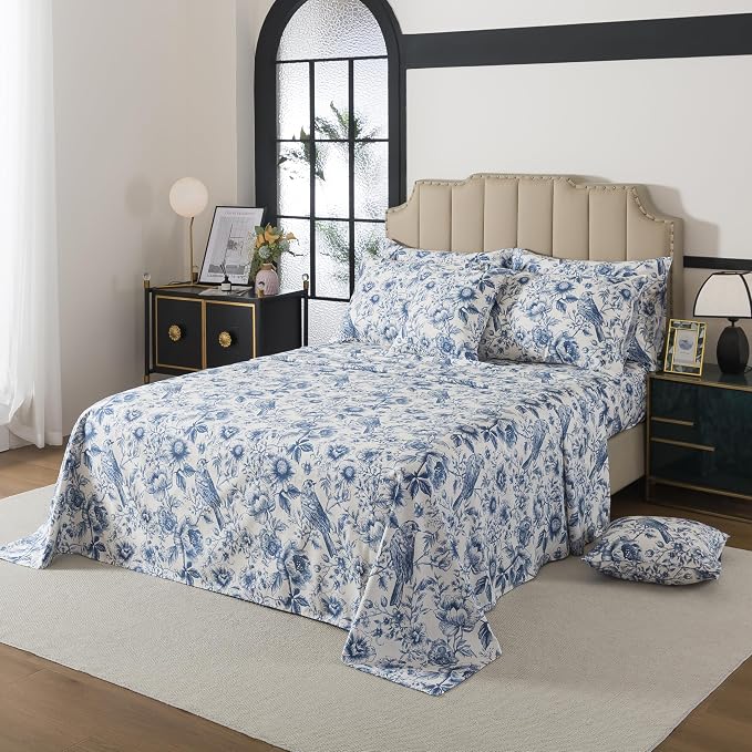 FADFAY Sunflower Bird Sheets Set Queen 100% Egyptian Cotton Blue Toile de Jouy Bedding Vintage Blue and White Floral Farmhouse Bedding Shabby French Country Sheets Deep Pocket Soft Breathable 4Pcs