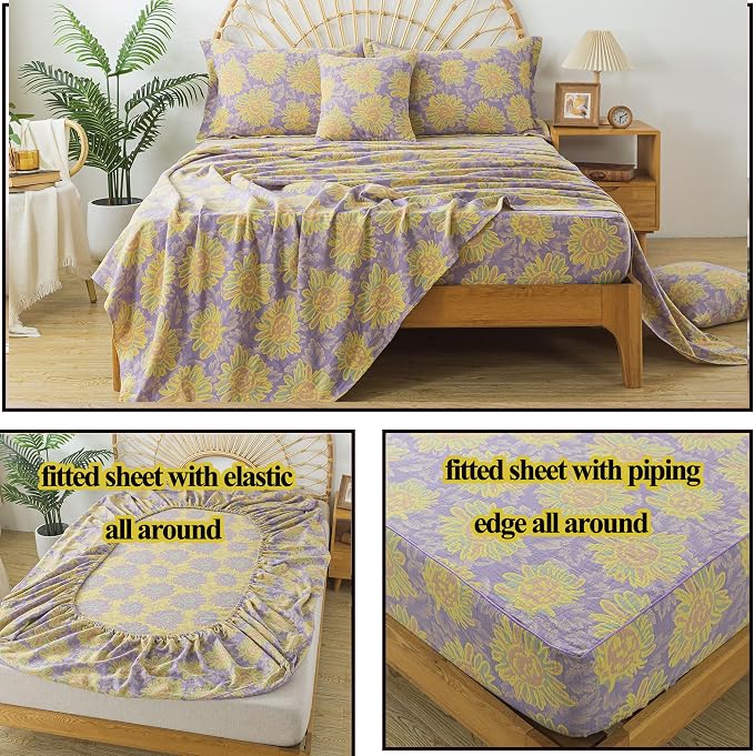 FADFAY Sunflower Sheets Set King Vintage Yellow Purple Floral Bedding Shabby Farmhouse Bedding Super Soft Washed Double -Layer Muslin Sheets 100% Cotton Deep Pocket Fitted Sheet 4Pcs, King Size