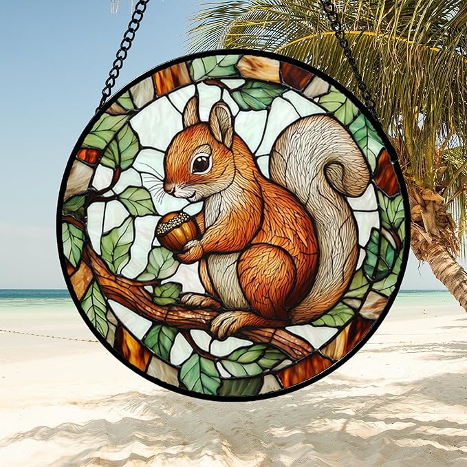 DASTOLL Stained Glass Window Hanging, Squirrel on a Branch Suncatcher Diamond Glass Panel Animal Sun Catchers Decor for Birthday for Women, Men, Wife, Aunt, and Mom 14.9x14.9 in