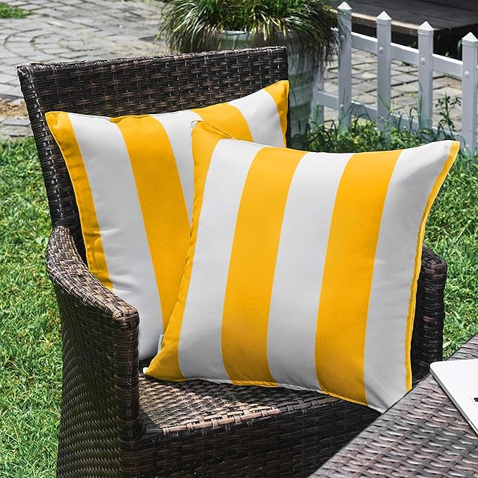 Western Home Pack of 2 Decorative Outdoor Solid Waterproof Striped Throw Pillow Covers Polyester Linen Garden Farmhouse Cushion Cases for Patio Tent Balcony Couch Sofa 18x18 inch Yellow