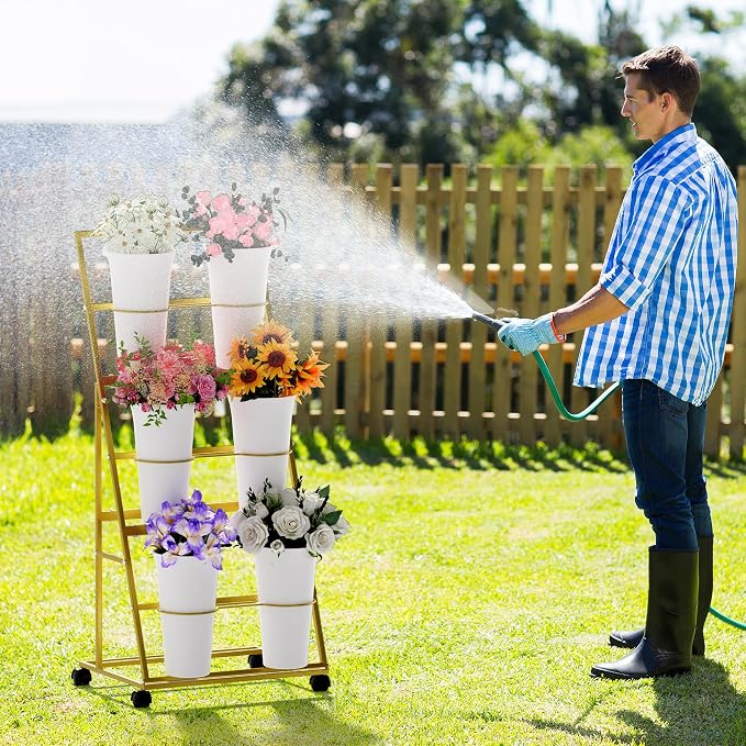 Invech Flower Display Stand with 6 Buckets, 3 Tier Gold Flower Cart Display Stand for Indoor Outdoor Garden, Wedding, Florist