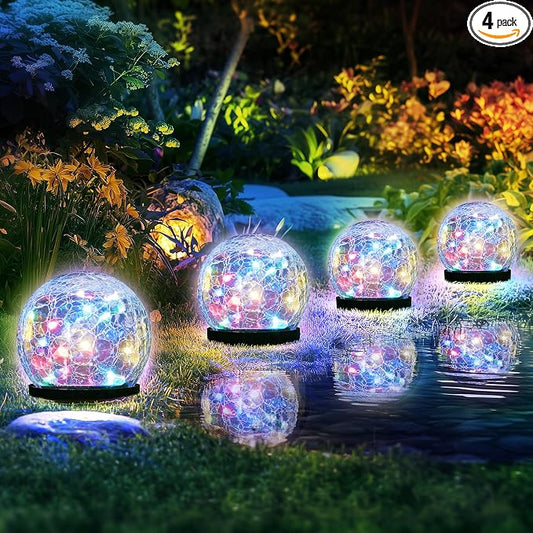 Solar Lights Outdoor for Yard Patio Porch, Garden Decor Birthday Gifts for Mom Women, Solar Globe Lights Waterproof Cracked Glass Ball Outdoor Decorations Balcony Backyard (4 Pack Multicolor)