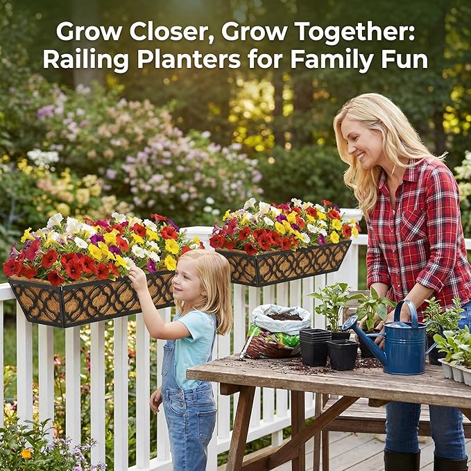 HFHOME 4 Pcs 30" Window Box Deck Railing Planter with Horse Trough Coco Liners, Black Metal Hanging Flower Planters Baskets for Indoor, Outdoor, Balcony, Porch, Fence, Patio, and Lawn