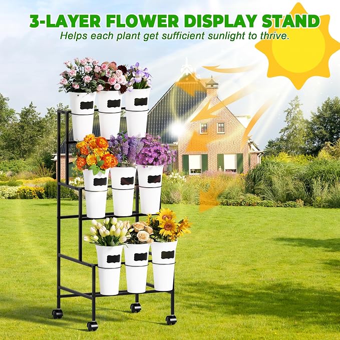 Flower Display Stand with 9 Buckets，3 Tier Metal Flower Cart Display Stand with Wheels, Flower Bar Stand for Garden Flower Shop Indoor Outdoor Wedding Party Decor