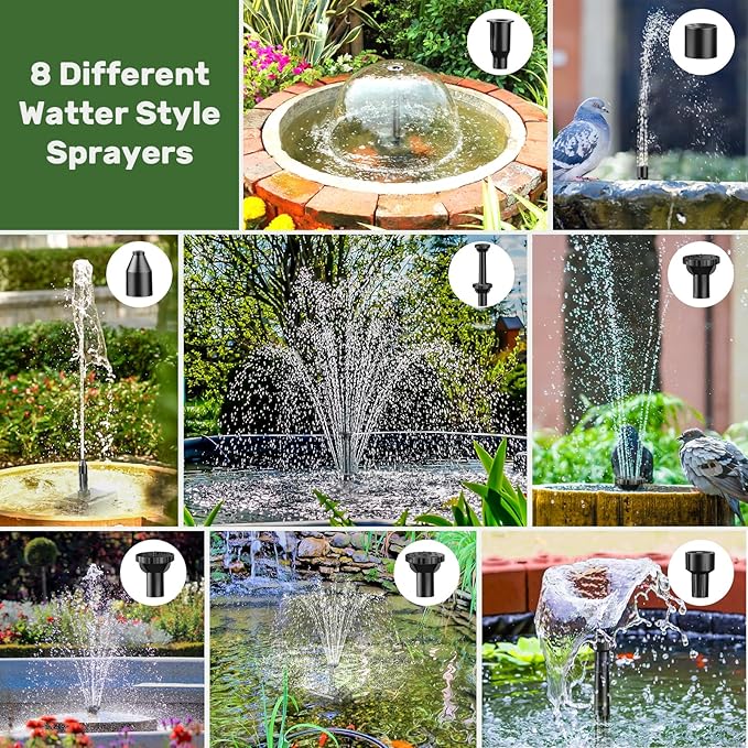 Antfraer 8W Solar Fountain Pump With 3600mAh Battery Backup, Solar Water fountain for Bird Bath with Double-Layer Nozzles & 5Ft PVC Tubing for Bird Bath Small Pond Waterfall DIY Features