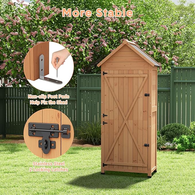 63in Tall Outdoor Storage Shed, Waterproof Wooden Garden Tool Shed with 4 Shelves and Lockable Doors, Vertical Outdoor Storage Cabinet for Patio Yard Lawn