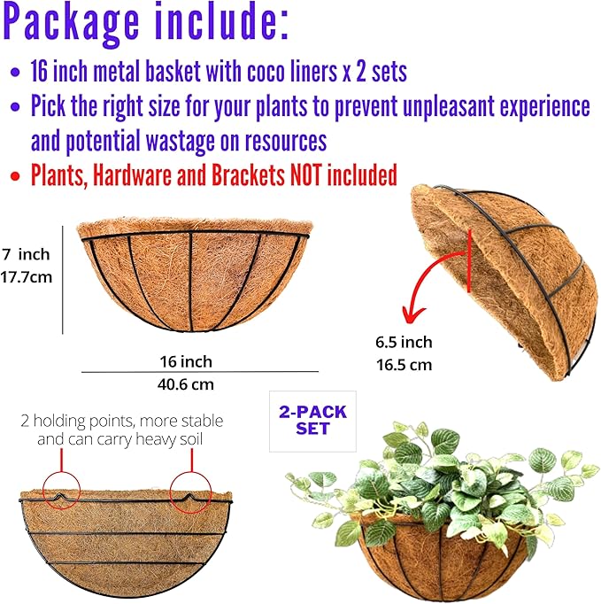 LaLaGreen 16 Inch Large Wall Planter, 2 Pack Rail Hanging Pot with Coco Liner, Black Metal Wall Mounted Flower Basket Box Outdoor Outside Fence Railing Plant Holder Deck Porch Patio Balcony Garden