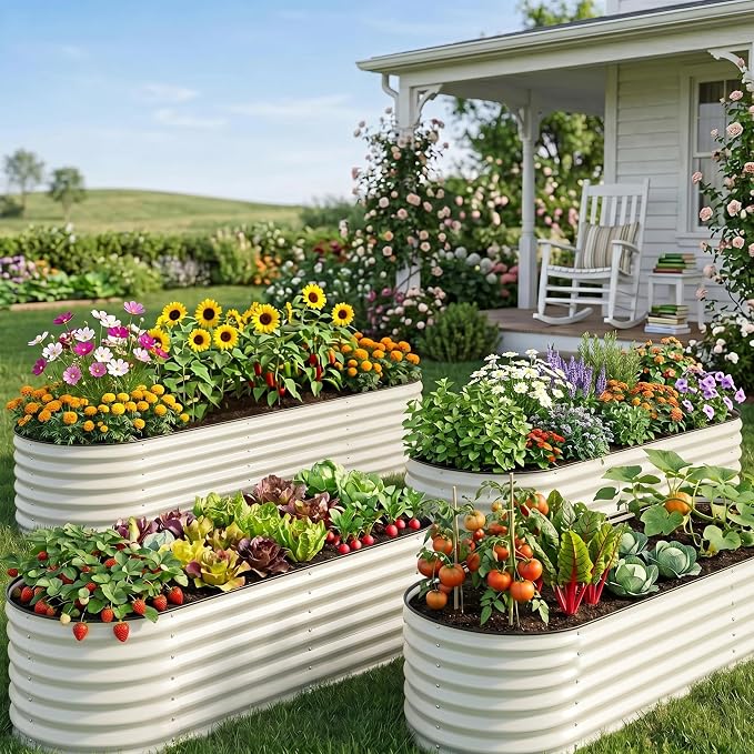 2 Pack Galvanized Raised Garden Bed 8x2 ft, 17" Tall Oval Metal Planter for Outdoors, 9 in 1 Modular Large Garden Bed Kits for Outdoor Vegetable Flowers - White