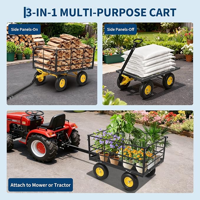 Heavy Duty 1500 Lbs Capacity Mesh Steel Garden Cart Folding Utility Wagon with Removable Sides, Garden Cart on Wheels for Gardening Soil, Tools, and Plant Transport