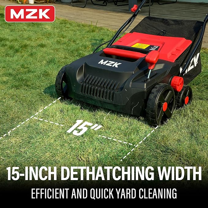 MZK 15-inch 2-in-1 Electric Dethatcher and Scarifier w/Removeable 5-Position Height Adjustment,Lawn dethatcher w/12-Gallon Thatch Collection Bag,Keep Lawn Health