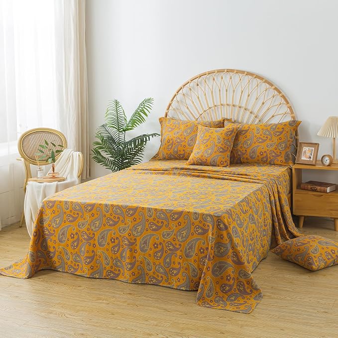 FADFAY Paisley Sheets Set King Vintage Yellow Grey Floral Bedding Shabby Farmhouse Bedding Super Soft Washed Double -Layer Muslin Sheets Luxury 100% Cotton Deep Pocket Fitted Sheet 4Pcs, King Size