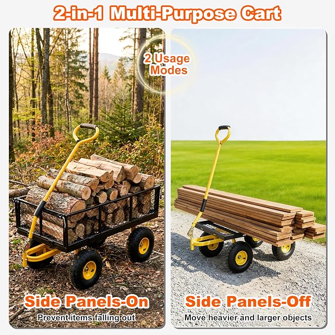 DIAMONDFORGE 500lbs Heavy Duty Garden Cart, Steel Garden Wagon Cart with Fixedable Rotating Handle for Backyard, Utility Yard Wagon with 10" All Terrain Tires, Mesh Removable Sides