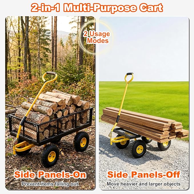 DIAMONDFORGE 900lbs Heavy Duty Garden Cart, Steel Garden Wagon Cart with Fixedable Rotating Handle for Backyard, Utility Yard Wagon with 10" All Terrain Tires, Mesh Removable Sides