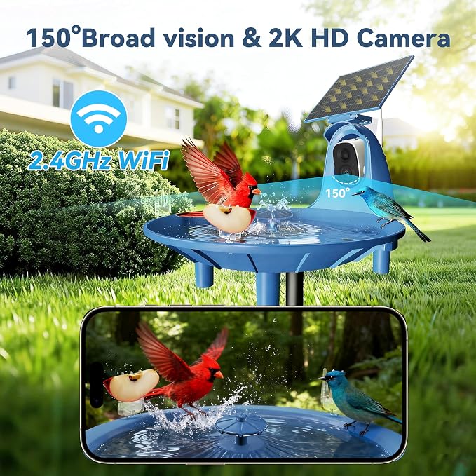 LongPlus Bird Baths Fountain Outside：Bird Bath with 2K Camera, Solar Powered Outdoor Birdbath with Color Night Vision Camera, AI Bird Identification, Ideal Gift for Nature Lover, Parent, Friend
