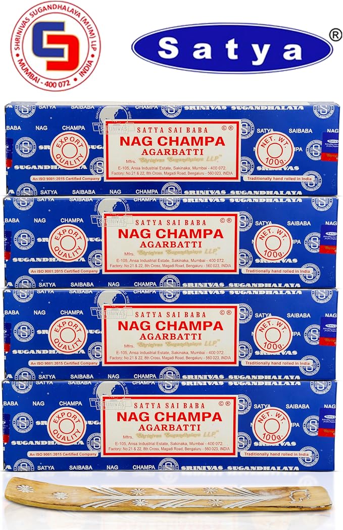 Satya Nag Champa Incense Sticks 100 gmx 4 Pack (400 GMS), Satya Insenses with Raajsee insence Holder Bundle, Nag Champa Natural Incence