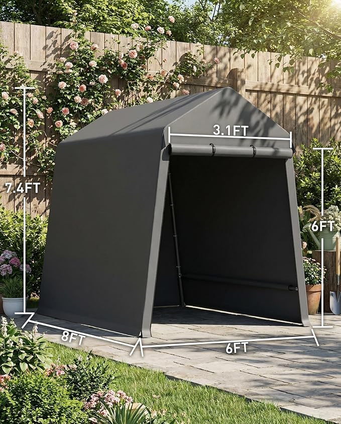 Garvee 6X8 Ft Outdoor Storage Shed, 2 Rolled Up Zipper Doors Portable Storage Shed, Waterproof Cover Vents Carports Temporary Shelter for Bike, Motorcycle, Gardening Tools, Generator, Black