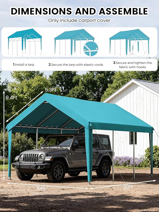 10 x 20 Ft Carport Replacement Cover, Heavy Duty Outdoor Car Tarp Canopy, Waterproof & UV Protected Tear Oxford Tarp with Ball Bungees (Frame is Not Included)