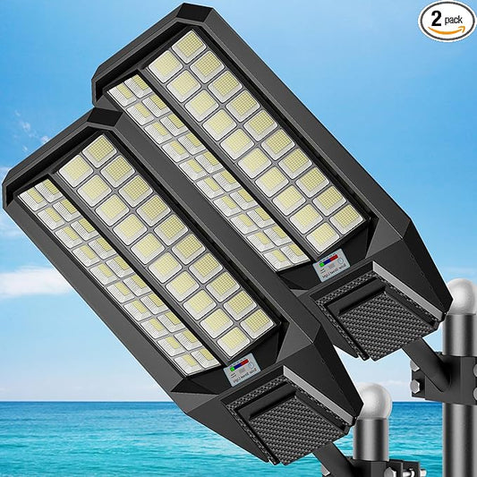 2-Pack 10000W Solar Street Light - 600000 Lumens, Dusk-to-Dawn, Waterproof, Ideal for Commercial & Outdoor Parking Lots - Energy-Efficient Solar-Powered, 3-Year Warranty