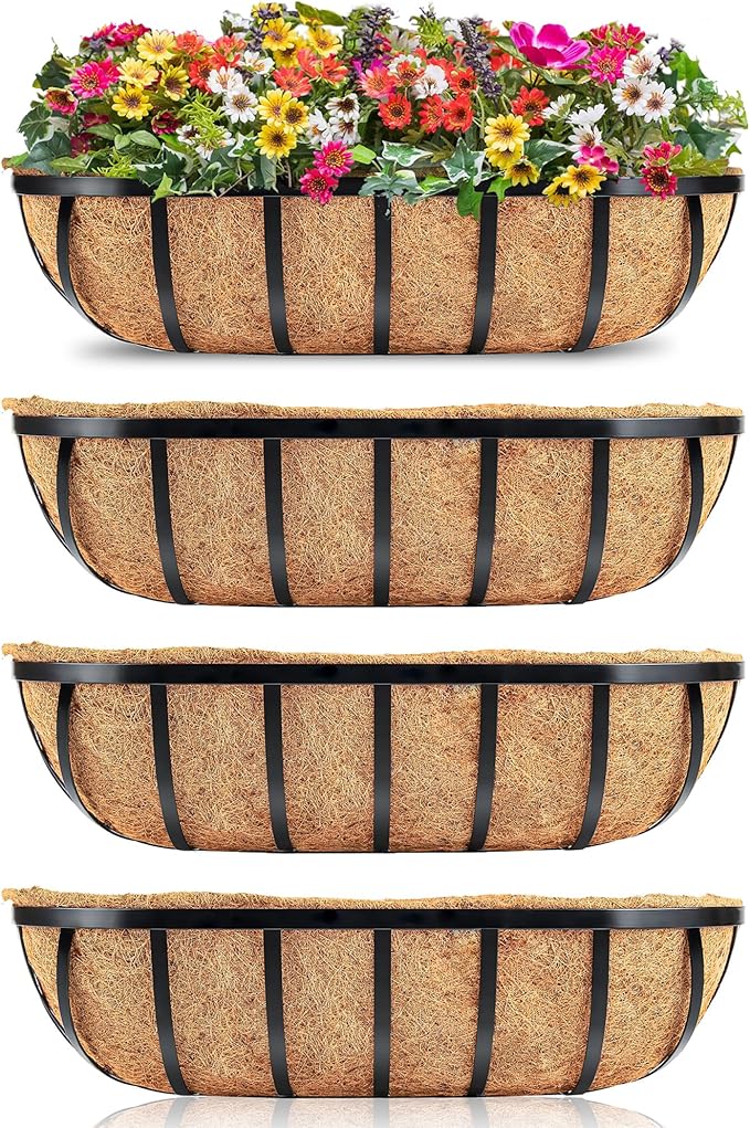 Y&M Window Boxes Horse Trough with Coconut Coir Liner, 24 Inch Window Deck with Coco Liner, Fence Metal Hanging Flower Planter Basket Deck Railing Planter Boxes (24in 4P)