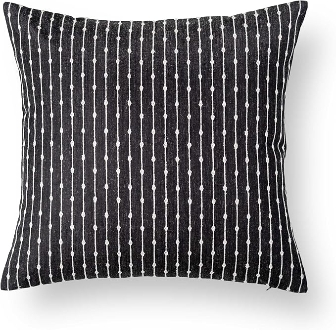 Crumbs Home Modern Farmhouse Fall Linen Indoor Outdoor Throw Pillow Cover Only, 22"x22" Water Repellent for Patio, Backyard, Couch, Black Neutral Embroidered Stripes