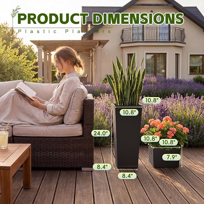 Devoko Resin Tall Planters for Outdoor Plants Set of 2, Large Taper Outdoor Planter Pots with 4 Drainage Holes, Flower Pots Modern Decor for Porch, Patio, Backyard, Home Garden (Brown, 24'')