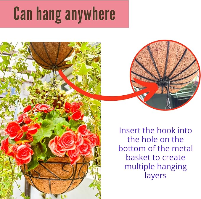 LaLaGreen Hanging Planter for Outdoor Plants (12 Inch, 6 Pack) Hanging Baskets with Coco Liner, Black Metal Wire Flower Basket Pots with Hook Hanger Balcony Porch Farmhouse Country Style Garden Decor
