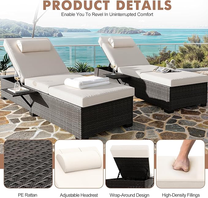 Garvee Outdoor Chaise Lounge Set of 2, 5-Position Adjustable PE Wicker Sun Loungers with Thick Quick-Dry Cushions for Poolside Patio Backyard, Gray