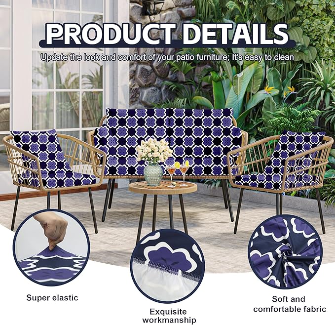 8Pcs Patio Cushion Covers,Outdoor Cushions Covers,Stretch Cushion Covers Replacement, Washable and Reusable Furniture Protectors(Navy Blue Geometric)